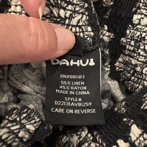 DaHui Hawaii Pants Womens Medium Black White Floral Wide Leg Linen Blend Smocked - Picture 8 of 16